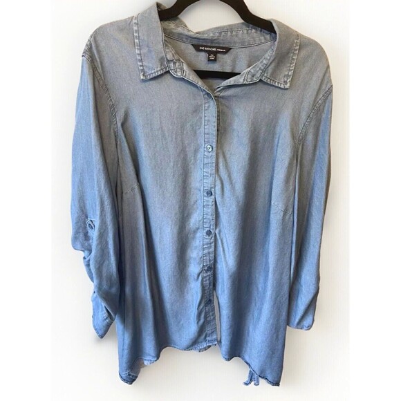 Zac & Rachel Shirt Blouse Top 2X Denim Roll Tab Sleeves Lyocell‎ Chambray - Picture 1 of 5